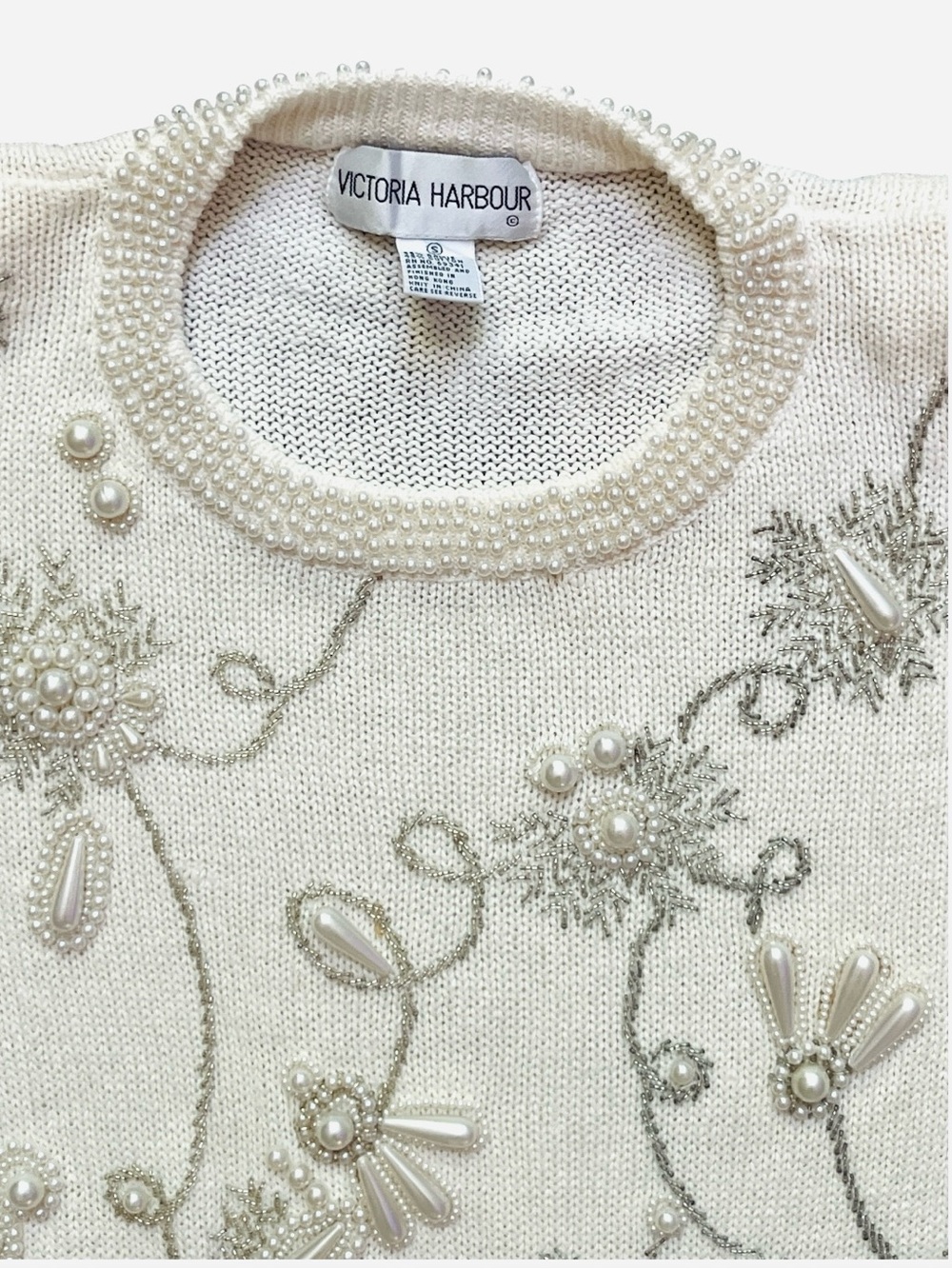 Victoria Harbour Vintage Cream Knit Sweater with Pearl Beading Small 80s